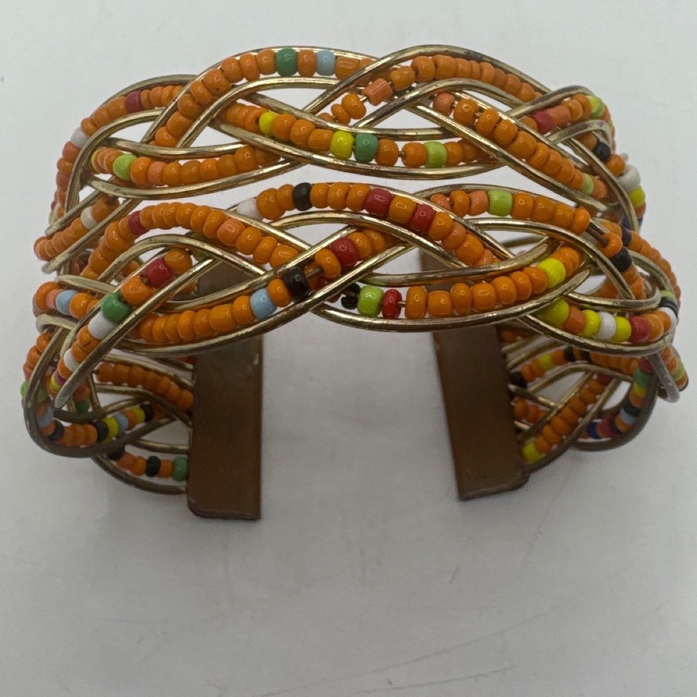 Vintage Boho Orange Seed Bead Braided Gold Tone Wide Cuff Statement Bracelet